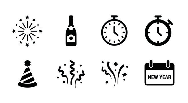 New Year Celebration Icons: Fireworks, Champagne, Clocks, Party Hat, Confetti, Calendar