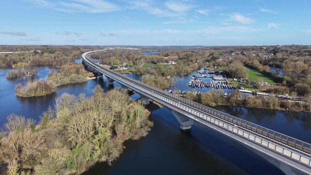 Ascending drone aerial view HS2 Colne Valley Viaduct, Buckinghamshire, UK