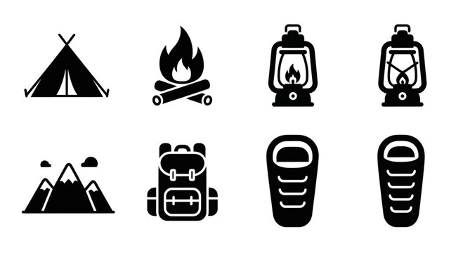 Camping Icons Set: Tent, Fire, Lanterns, Backpack, Sleeping Bag, Mountains
