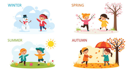 Fototapeta premium Educational infographic for children showing different seasonal activities for winter, spring, summer, and autumn throughout the year.