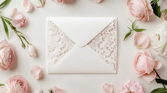 a flat lay of an elegant white envelope with delicate lace trim, surrounded by soft pink roses on a clean background, elegant and luxurious concept for wedding stationery or card design.
