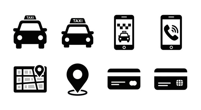 Taxi App Icons: Car, Phone, Map, Location, Credit Card, Call