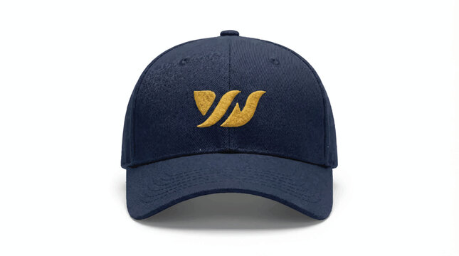 Navy blue baseball cap with gold embroidered logo, front view, isolated on white background