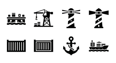 Fototapeta premium Nautical and Industrial Icons: Shipping, Lighthouse, Anchor, Crane, Containers