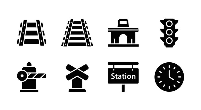 Train Station Icons Set: Rails, Signal, Barrier, Clock, Building, Crossbuck