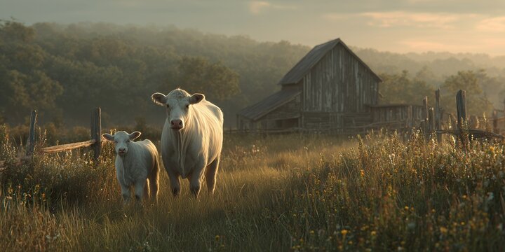 White cow and calf standing in a grassy field with a rustic wooden barn and misty forest background at sunset, concept for organic dairy farming, sustainable agriculture and rural life