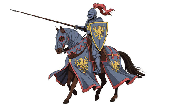 Valiant medieval knight in full steel armor rides a caparisoned warhorse while holding a long lance and a golden shield.