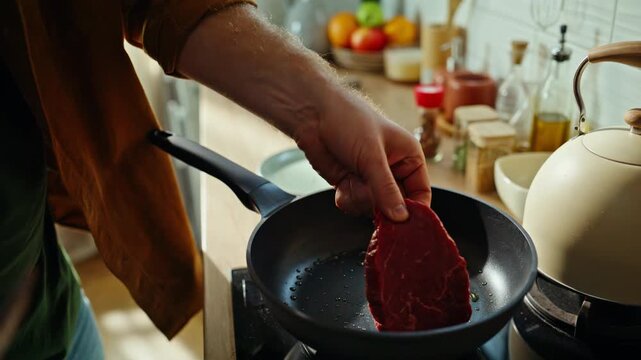 Man hands cooking steak standing domestic kitchen closeup. Male chef taking beef