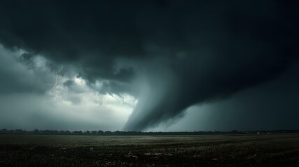 Obraz premium Massive tornado funnel forming above wide rural farmland, dark rotating storm clouds, dramatic lightning flashes, cinematic atmosphere, wind sweeping through rice fields, high contrast moody