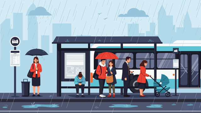 Group of commuters with umbrellas waiting at a city bus stop while a blue and white bus arrives on a rainy day.