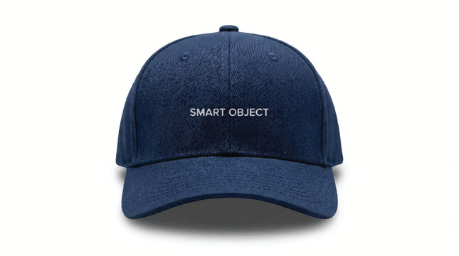 Dark blue baseball cap with textured fabric and white embroidered text 'smart object' with graphic design