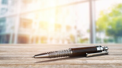 Naklejka premium A single pen lying on a wooden desk with blurred background, professional workspace vibe.