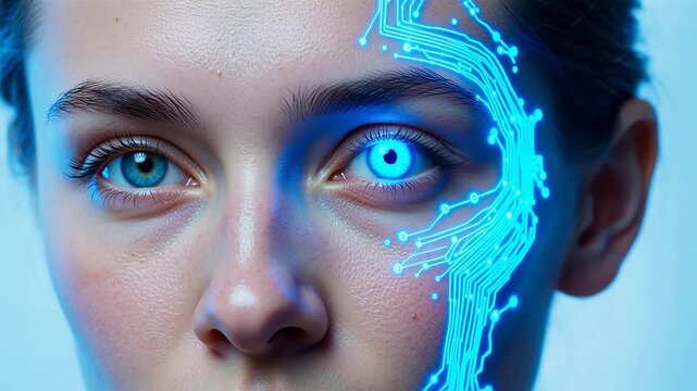 Human face with glowing circuit design
