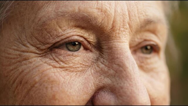 A close-up captures the wisdom etched upon aging skin, with wrinkles and eyes telling a story of life's journey, revealing a sense of profound experience.