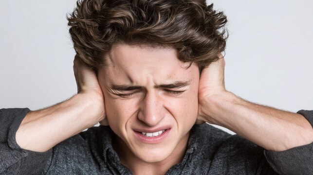 Close up studio portrait of a handsome young man covering his ears, showing discomfort from loud noise, stress and sensory overload concept.