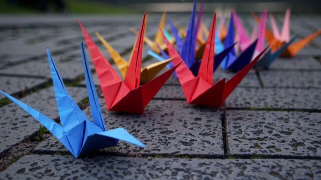 colorful origami cranes on pavement, row of blue red and orange paper figures on textured stone tiles, cinematic shallow depth with soft bokeh background, handcrafted folds visible in closeup, evokes