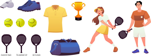 Obraz premium Paddle tennis sport game collection vector set, players hitting the ball with padel racket, professional sport equipment