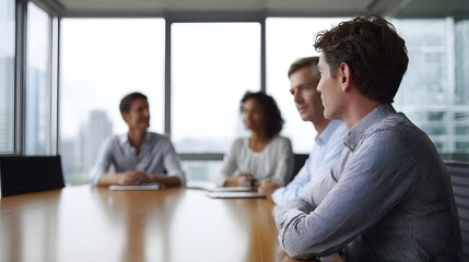 Obraz premium Business professionals collaborating in a modern conference room discussing ideas with a cityscape view