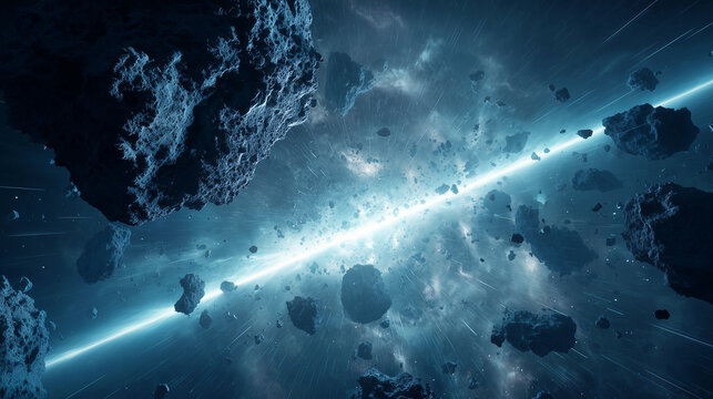 Massive asteroid explosion in deep space, forming bright white light streaks across a dense asteroid field, dynamic cosmic debris and dramatic sci fi energy scene.