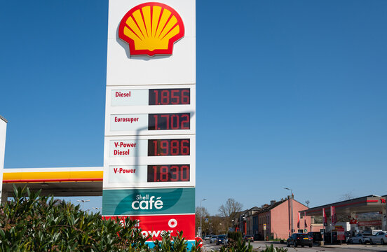 Price board display, fuel prices, diesel, gasoline and petrol, increasing costs, Shell gas station at german border, Wasserbillig, Luxembourg