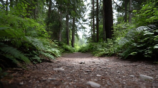 A low angle view of a winding forest path lined with lush green ferns and towering trees leading into the d d sunlight of the woods