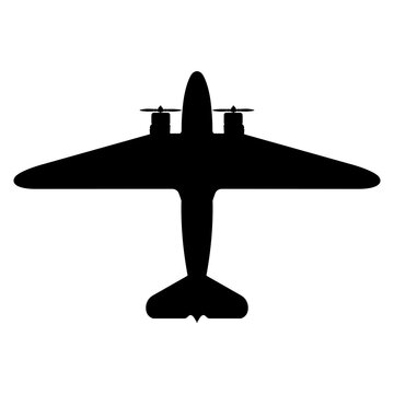 Douglas DC-3 Dakota Classic Twin-Engine Airliner Plan View Silhouette Black Isolated White
