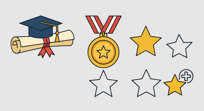 Graduation Diploma Medal and Star Icons for Achievement.