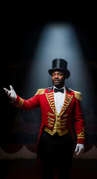 Circus man ringmaster announcing show under spotlight
