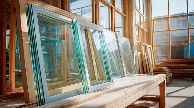 Double glazed windows in manufacturing carpentry workshop