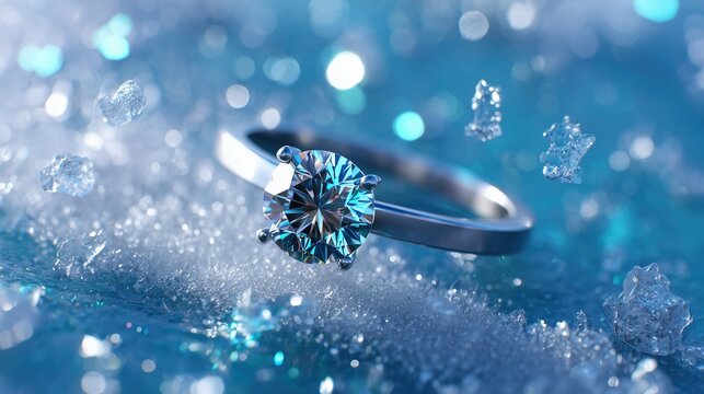 Sparkling diamond ring on icy surface with floating ice crystals, macro shot, blue tones, winter theme
