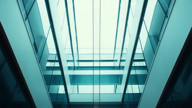 Glass walls of a modern building interior creating abstract geometric patterns with reflections and leading lines, emphasizing transparency and contemporary design
