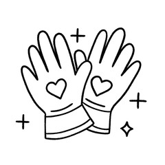 Fototapeta premium Hand-drawn winter gloves with heart details and sparkles in black and white line art, symbolizing warmth, love, and coziness