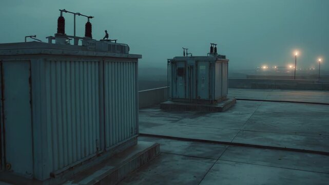 Industrial transformers on a building rooftop are standing in dense fog during twilight, creating a moody and atmospheric scene of urban infrastructure
