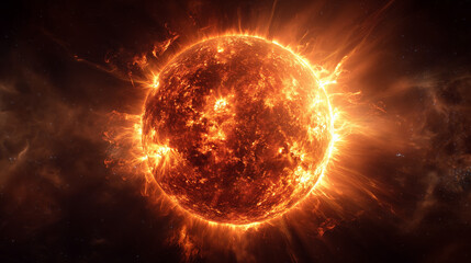 Obraz premium Giant blazing sun in deep space with ultra detailed surface, intense solar flares and glowing plasma, powerful cosmic energy and dramatic lighting