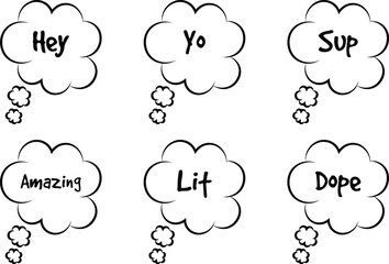 A collection of six hand-drawn comic style thought bubbles with casual slang greetings and terms © Progotibd303
