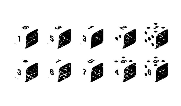 White dice faces collection with numbers one to six in isometric style clean vector game elements