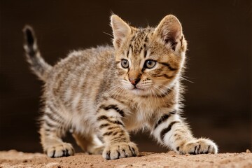 Obraz premium A young wild cat kitten with striped fur walking on sandy ground against a dark background