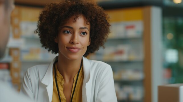 Community pharmacist explains prescription assistance program to uninsured patient at consultation window, medication discount cards and pricing guides visible, empathetic professional interaction,
