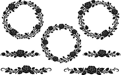 Obraz premium Rose Wreaths and Floral Borders Vector Illustration – Decorative Circular and Horizontal Floral Designs