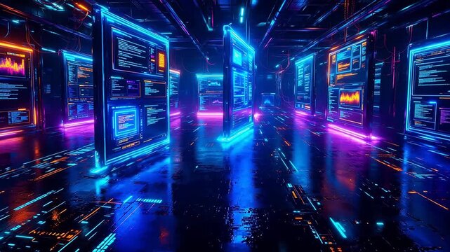 Futuristic server room with glowing screens