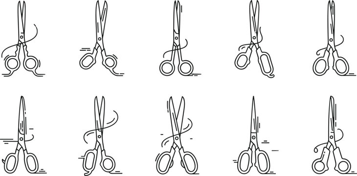 Hair cutting scissors motion set with dynamic barber tools line art vector illustration