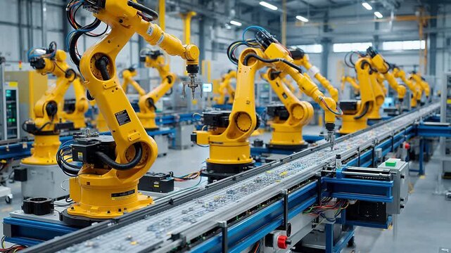 Yellow robotic arms in factory assembly line