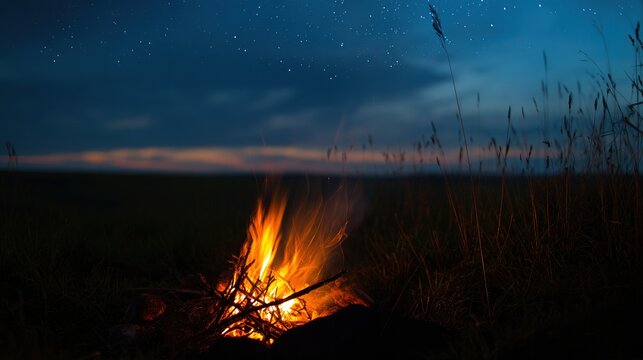 Wilderness campsite at dusk with a glowing fire under a starry night sky, evoking outdoor adventure.