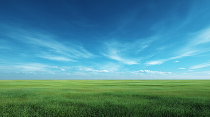 Obraz premium Minimalist landscape featuring a wide green grass field under a clean horizon, serene atmosphere, natural light, open space, and tranquil scenery.