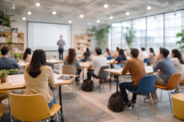 Obraz premium Abstract blur image of classroom with students and teacher for background usage