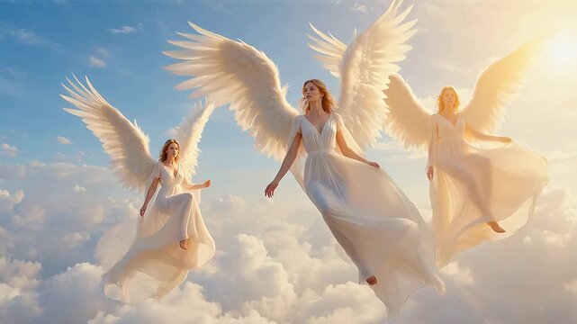 Three angelic figures with wings flying