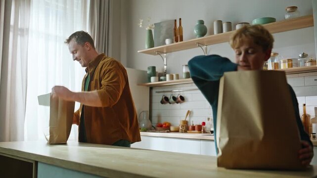 Father son unpacking groceries at kitchen closeup. Dad boy take out shopping