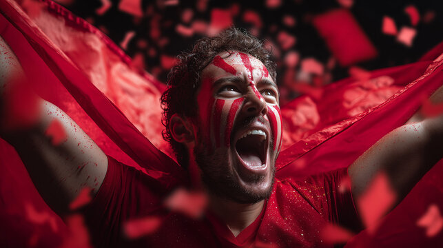 Passionate sports fan cheering with face paint and red outfit. Intense emotion, energy, and excitement during game or competition celebration.