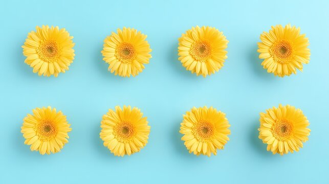 Artistic arrangement of yellow gerbera flowers against a vibrant blue background.