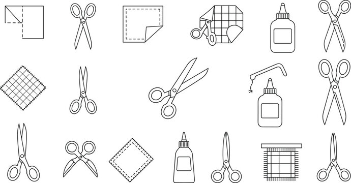 Craft tools icons set with scissors glue paper cutting and DIY supplies line art vector illustration